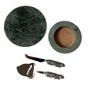 Arthur Court marble‎ wine bottle coaster & cheese plate w/ rabbit cheese cutters